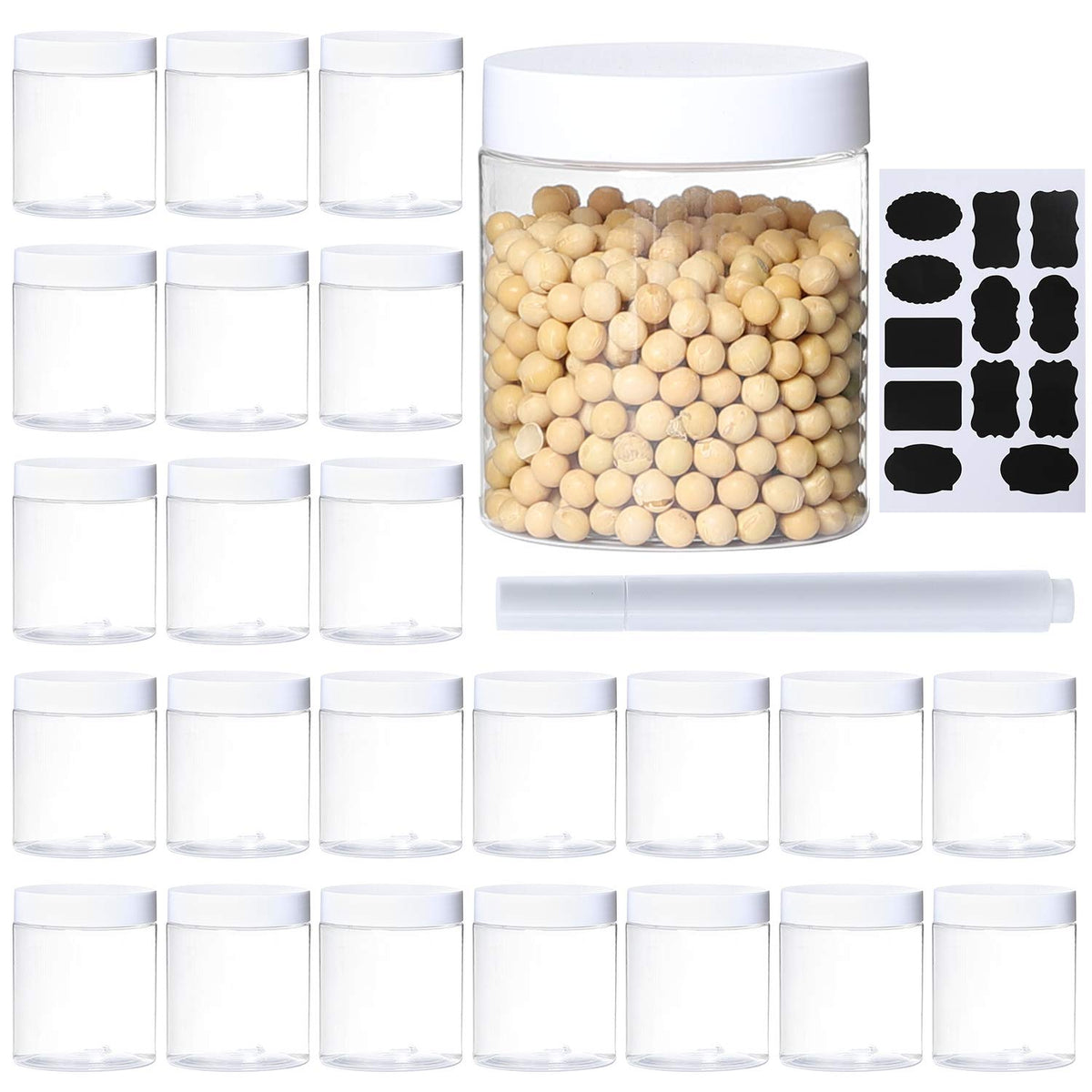 Dabacc 24-pack 8oz clear storage jars with wide mouths for easy filling.