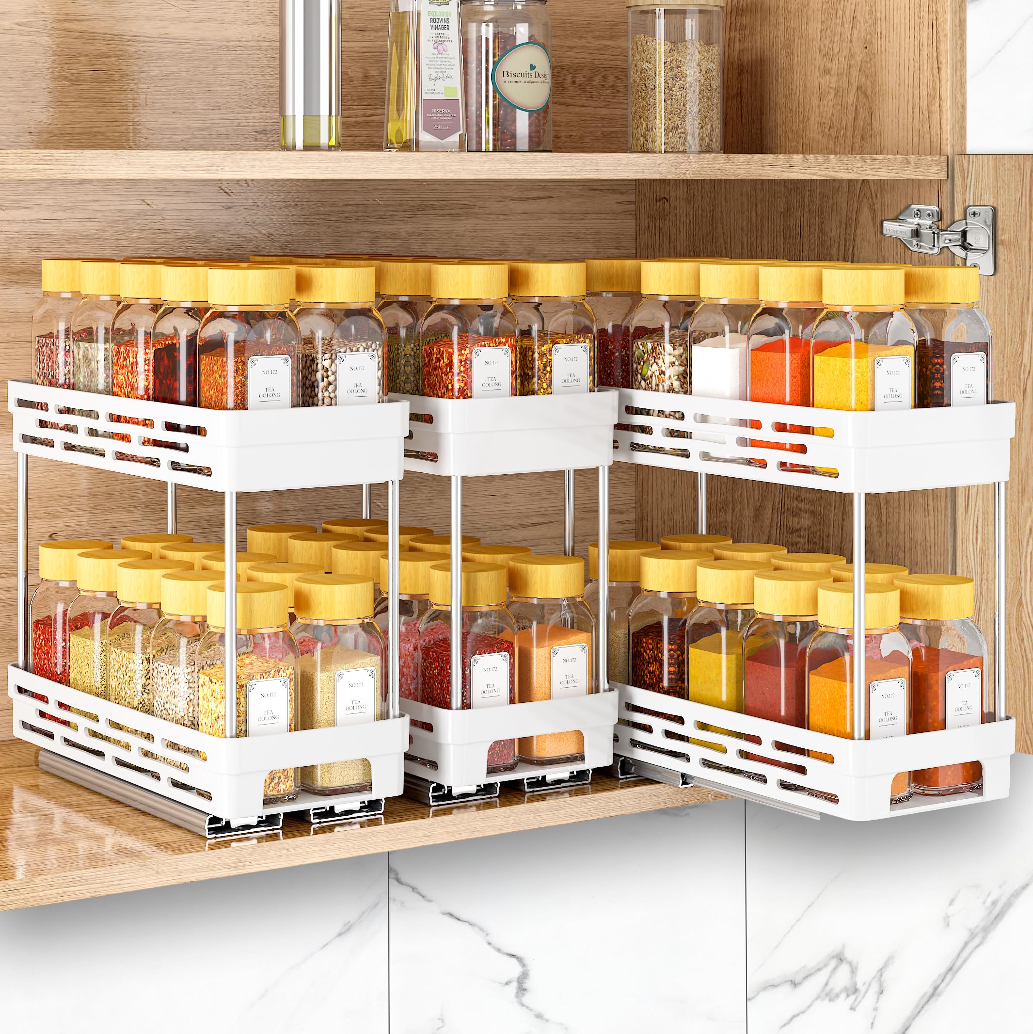 DABIGE pull-out spice rack in cabinet view showing organized jars for quick access