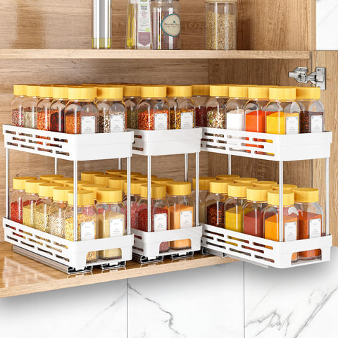 DABIGE pull-out spice rack in cabinet view showing organized jars for quick access