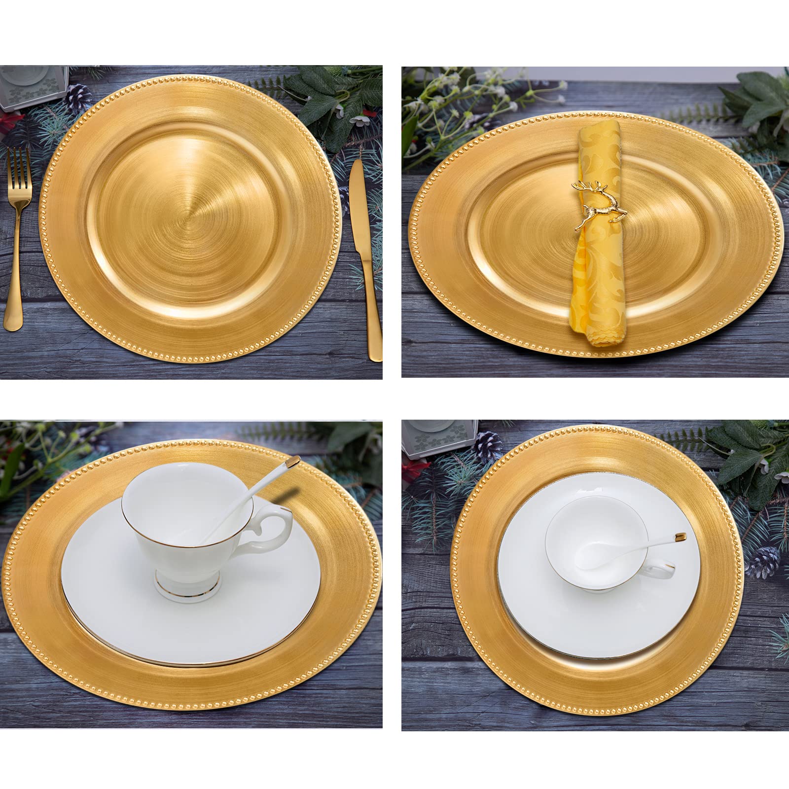 DaCakeWS round charger plate shown with a salad bowl on a stylish table setting