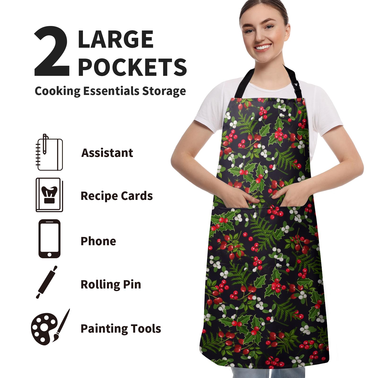 Dacawin apron black background with holly leaves design adds festive flair while shielding clothing.