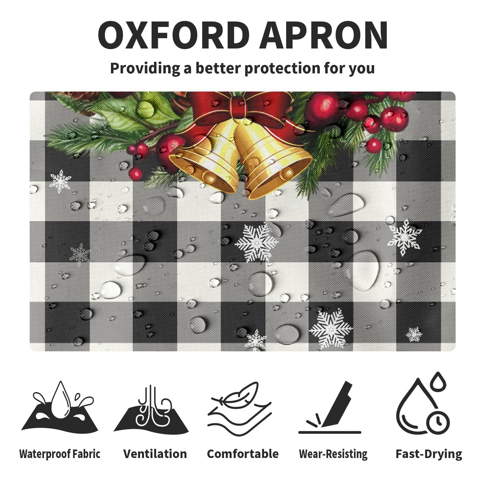 Dacawin Merry Christmas apron durable waterproof fabric that resists spills.