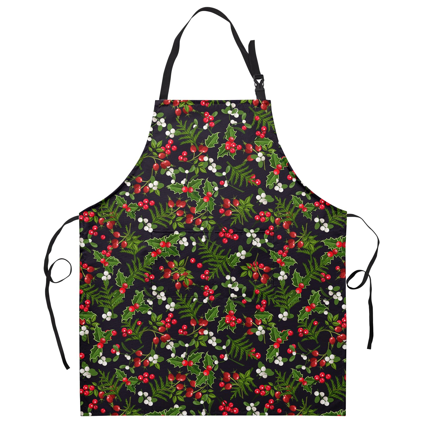 Dacawin Christmas apron with holly berry pattern for festive kitchen style and mess protection.