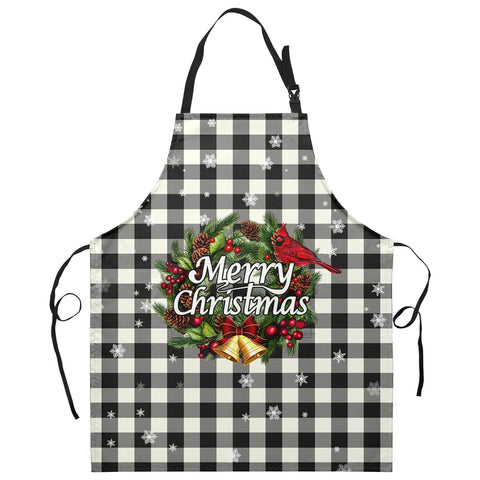 Dacawin Merry Christmas apron full view with buffalo plaid and pockets for kitchen use.