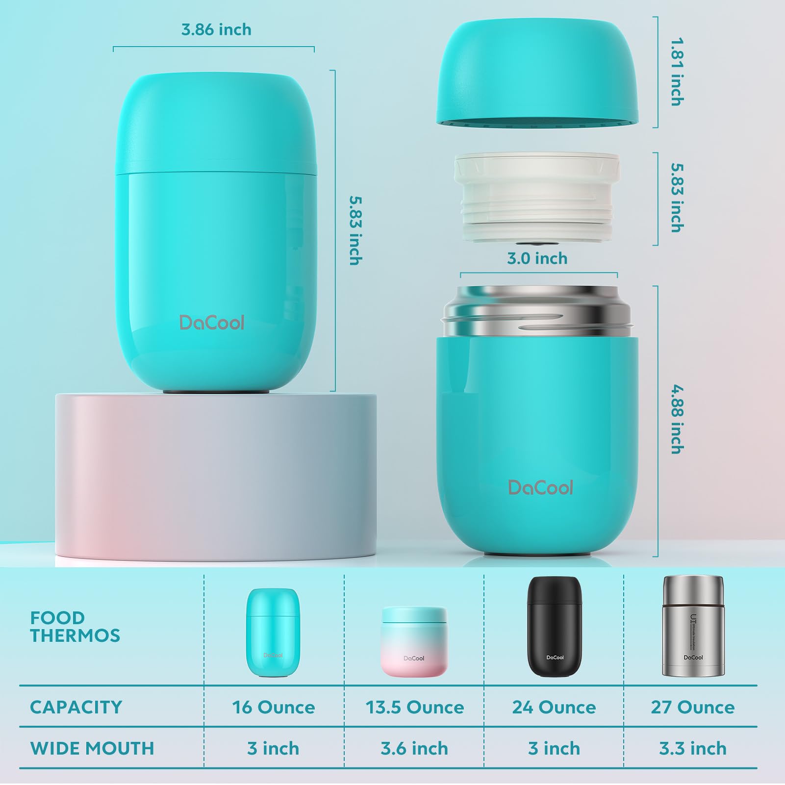 DaCool 16oz capacity suits kids and adults for lunches and picnics.