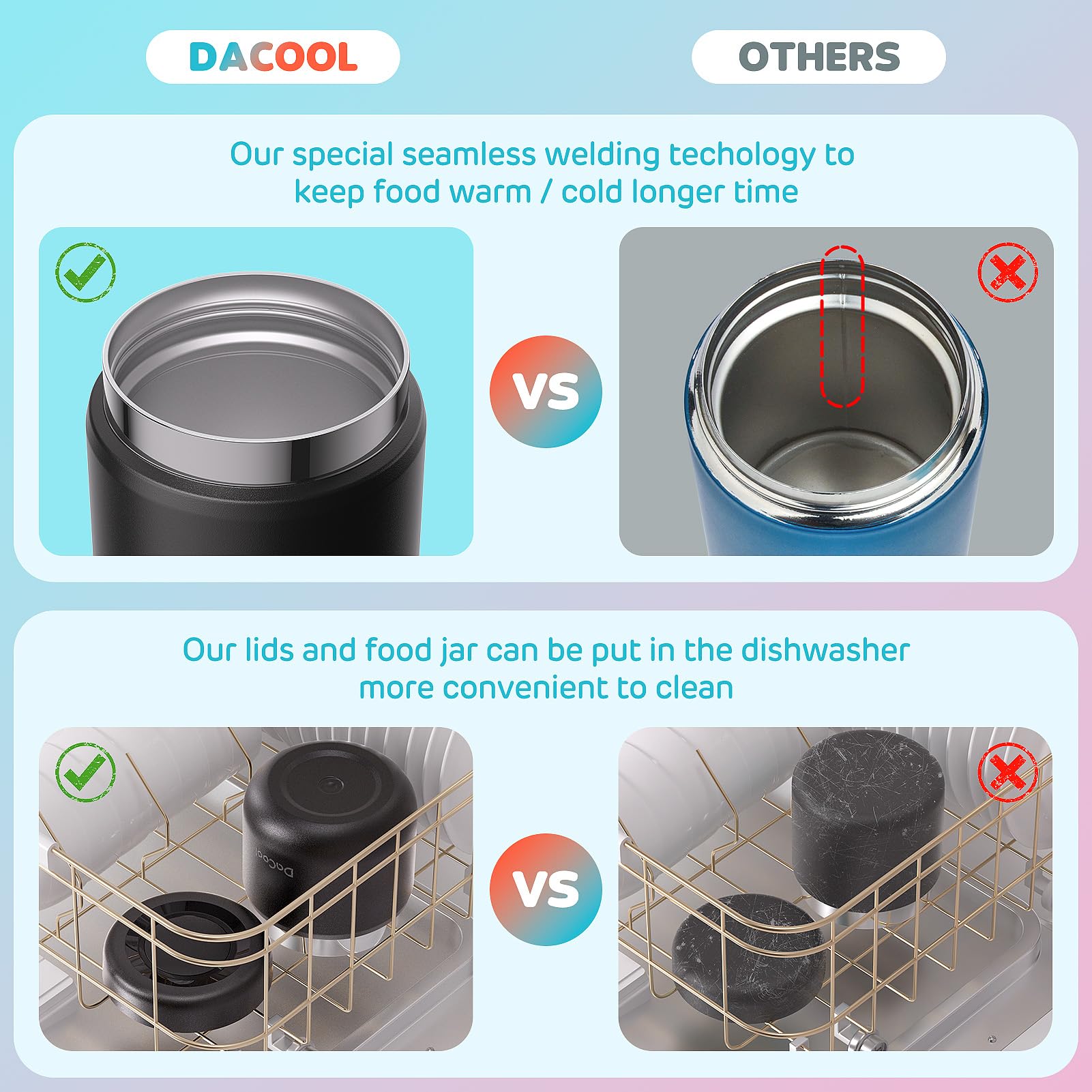 DaCool vacuum insulated body keeps food hot or cold during school and adventures