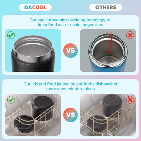 DaCool vacuum insulated body keeps food hot or cold during school and adventures