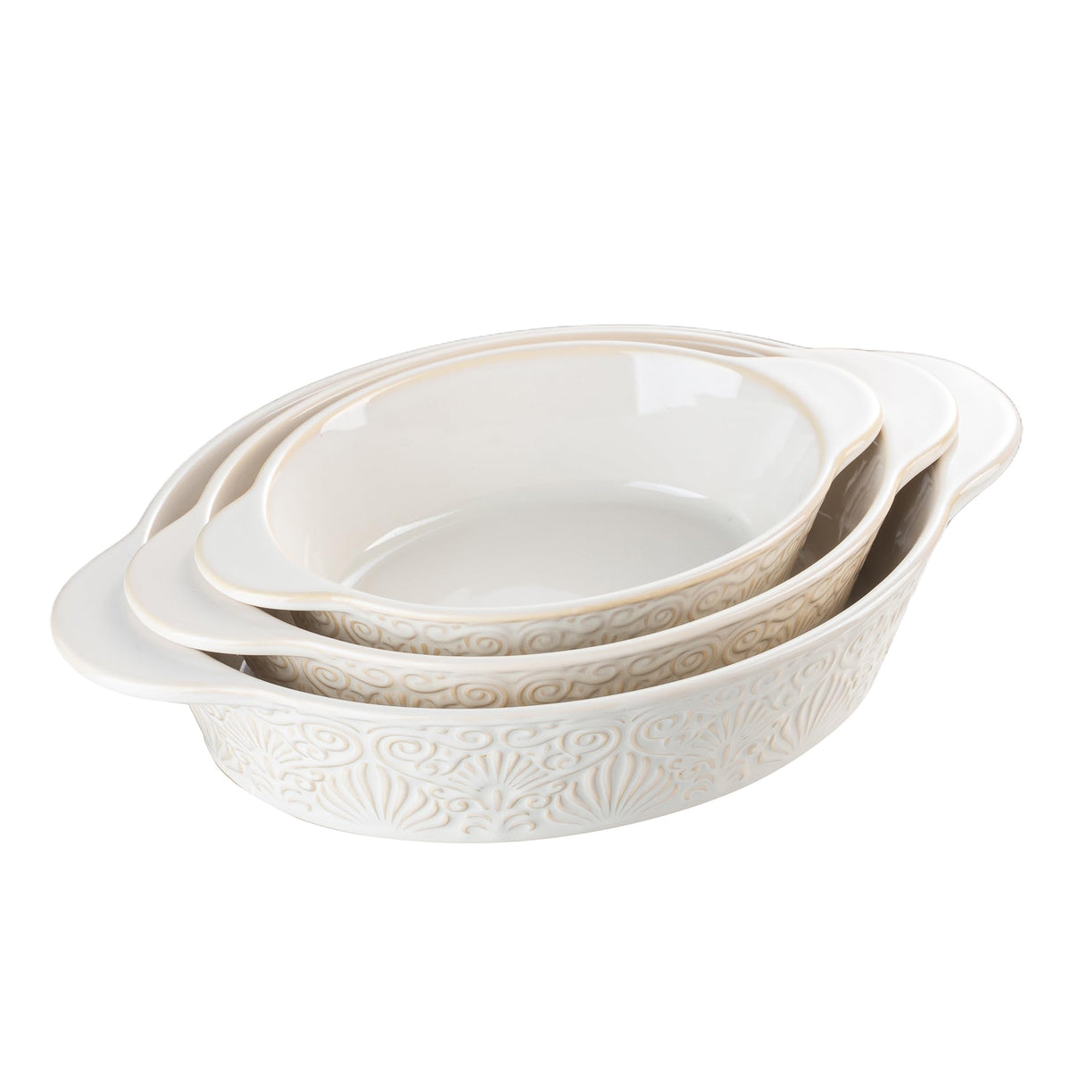 Dafuceramic casserole set in beige and white with three oval dishes for versatile oven-to-table baking.