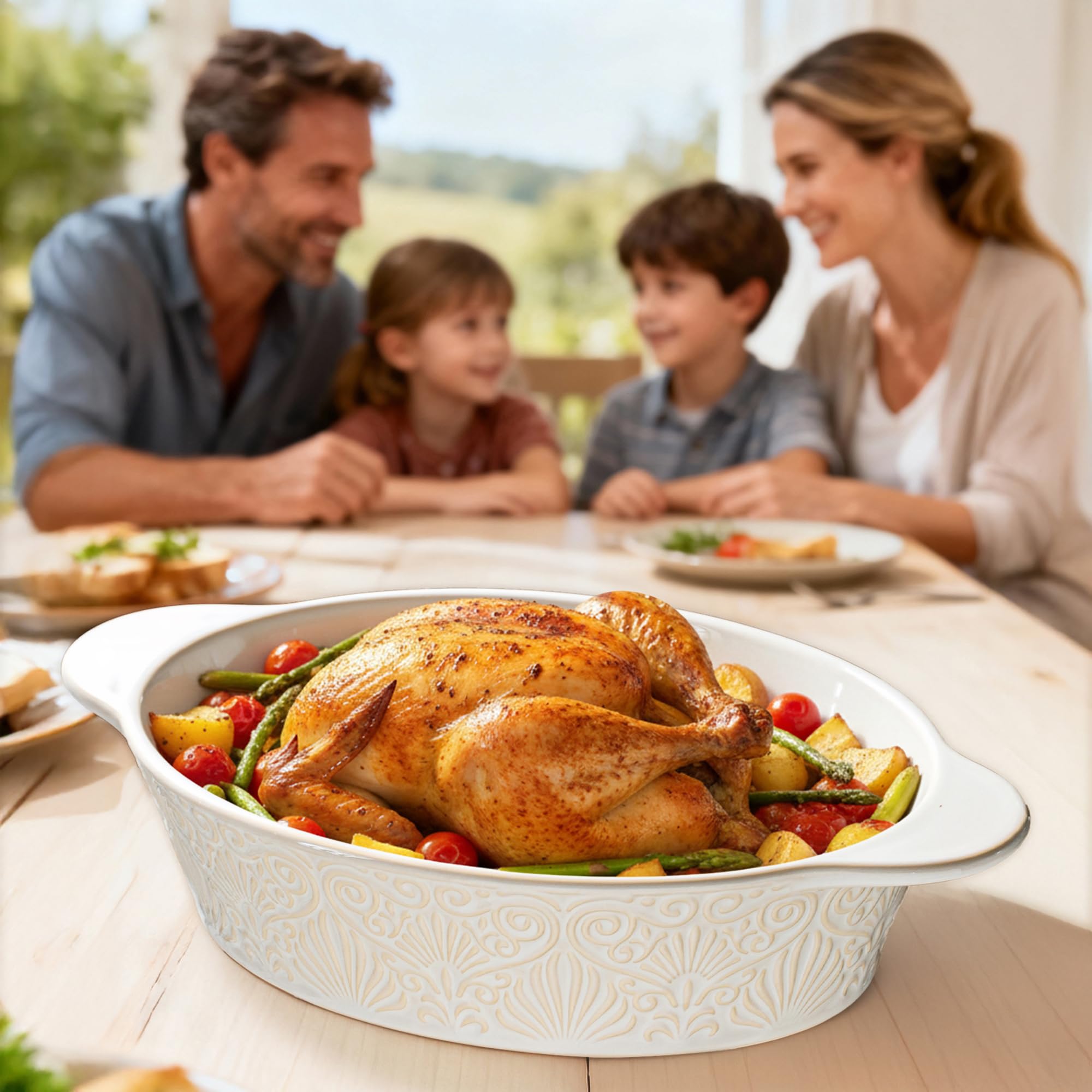 Dafuceramic beige-white pans ideal for lasagna, roasting, or pie service.