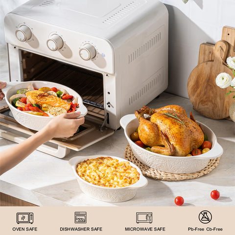 Dafuceramic dish suitable for microwave and oven reheating with safe material.