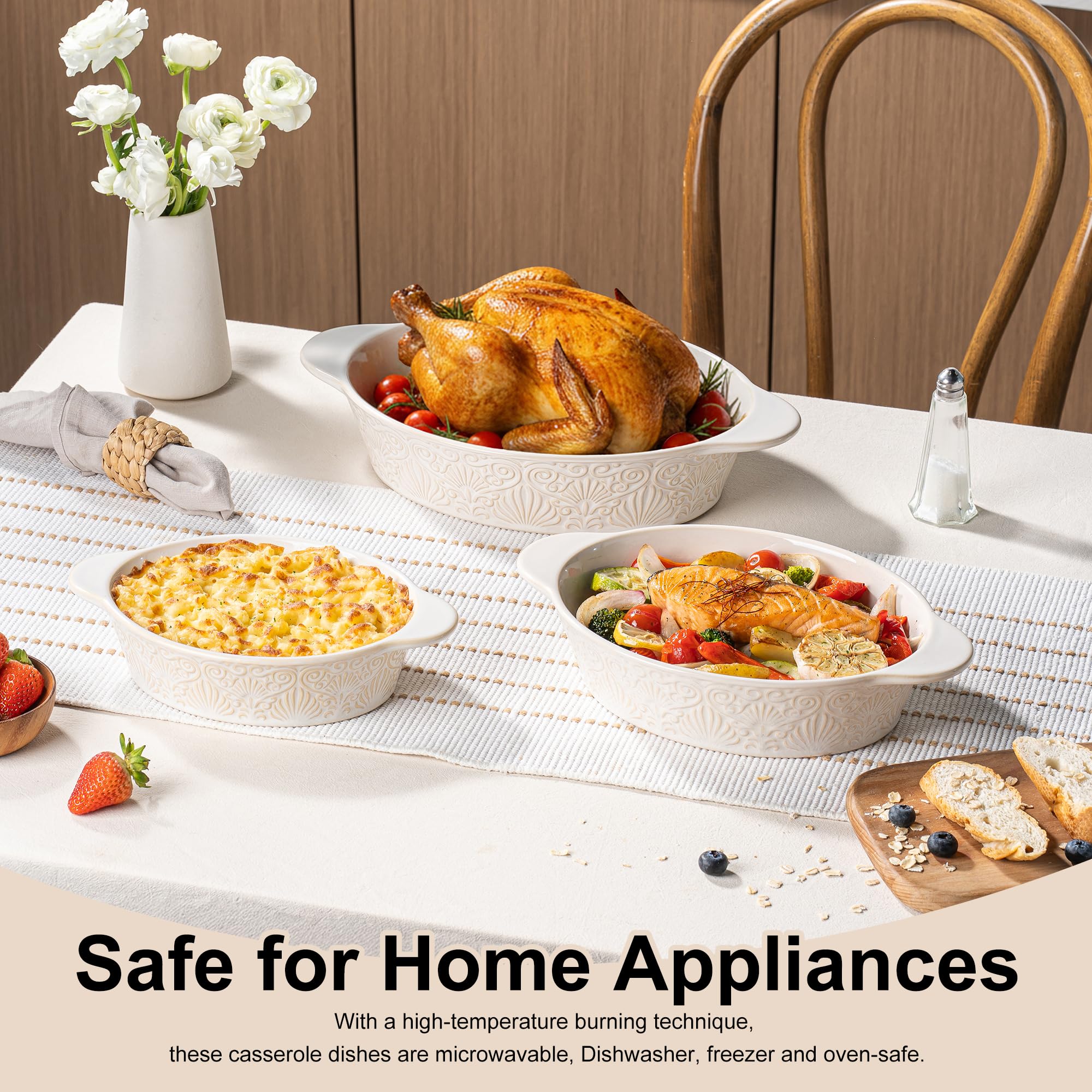 Dafuceramic nesting design keeps three dishes compact and ready for storage.