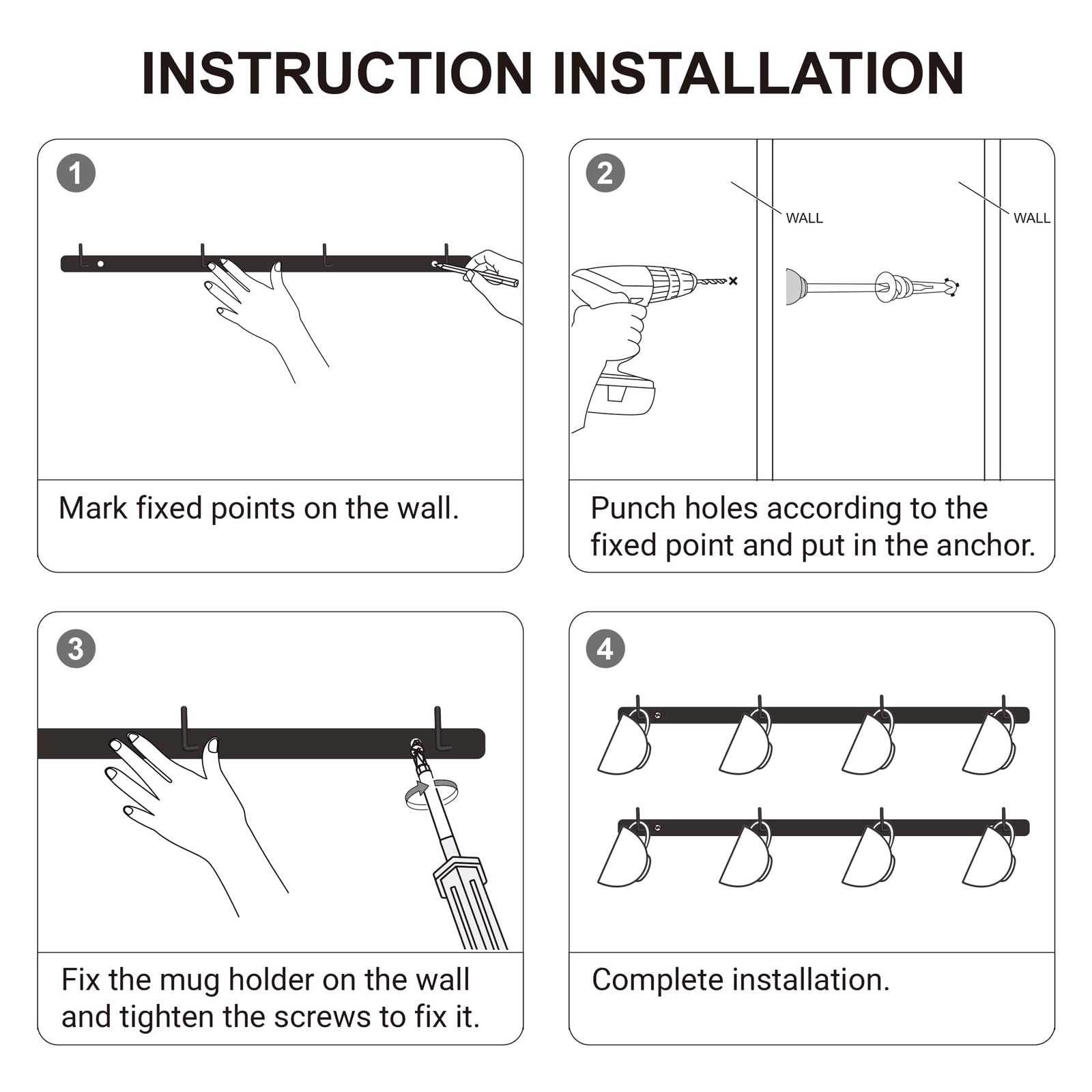Dahey easy-installation mug rack with hardware included.