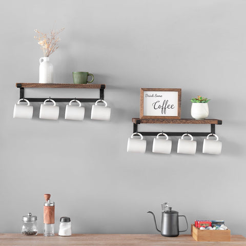 Dahey floating shelf coffee bar displaying mugs and utensils on rustic wood.