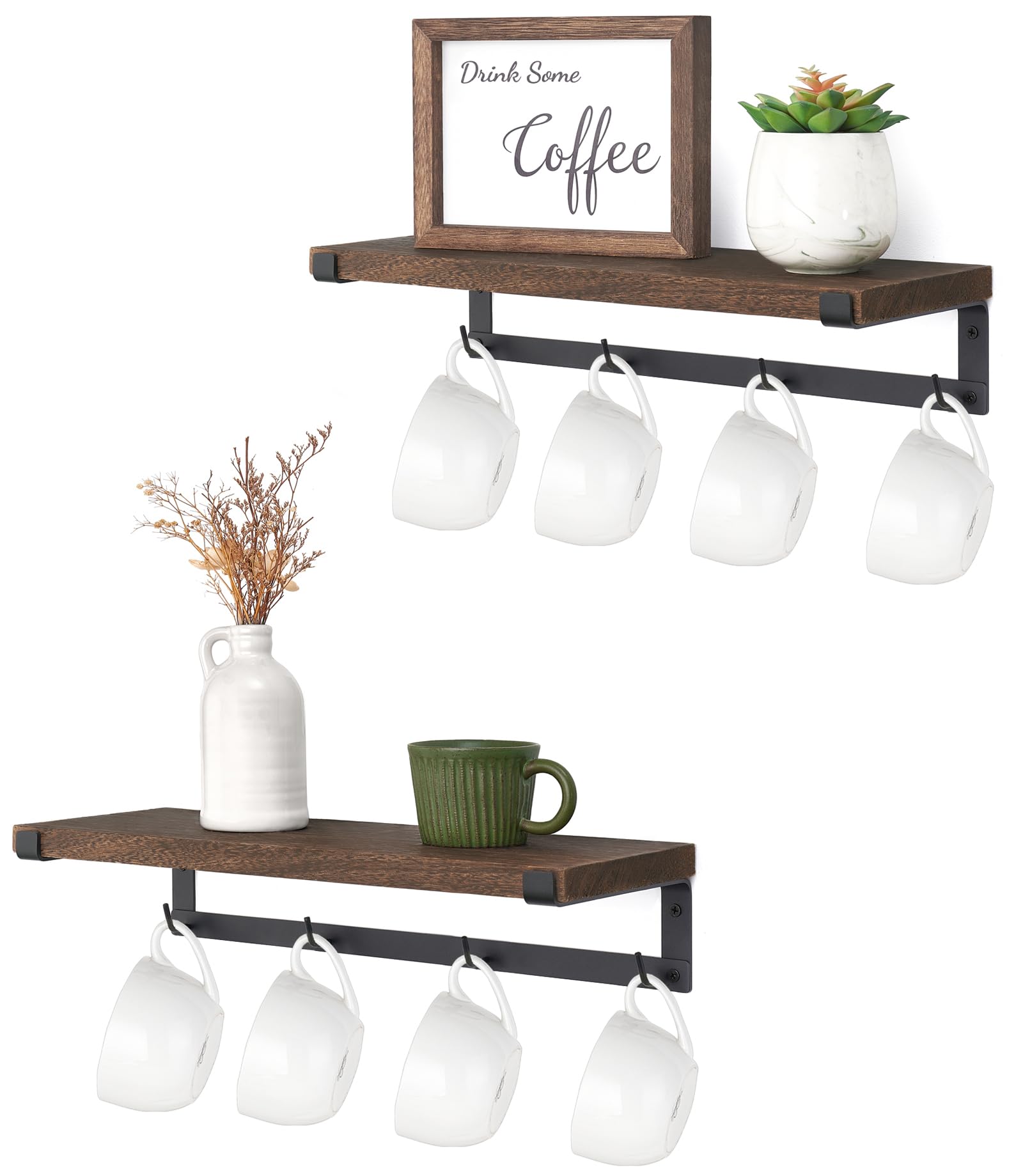 Dahey wall mounted mug holder with hooks showing organized mugs and space savings.