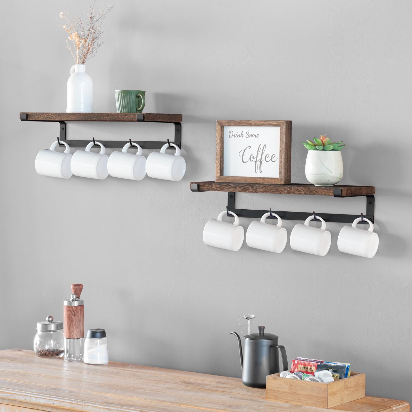 Dahey wooden mug organizer highlighting rustic charm and kitchen order.