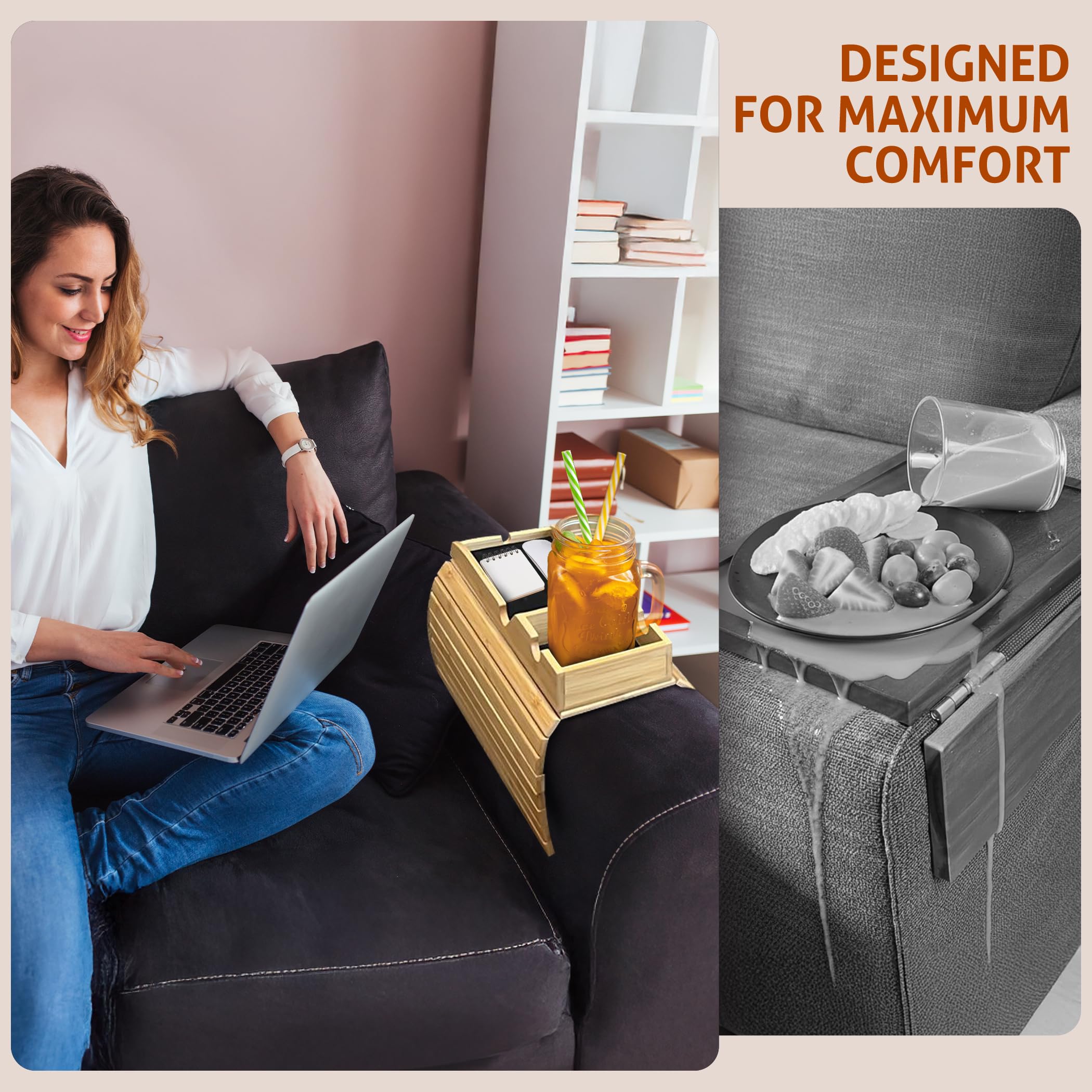 Daily Favorites Bamboo Armrest Tray in-use setup for snacks, drinks, and devices