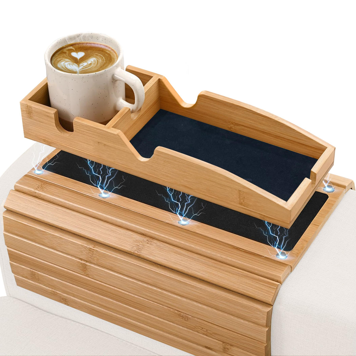Daily Favorites Bamboo Sofa Armrest Tray magnetic setup for snacks and devices during movie night