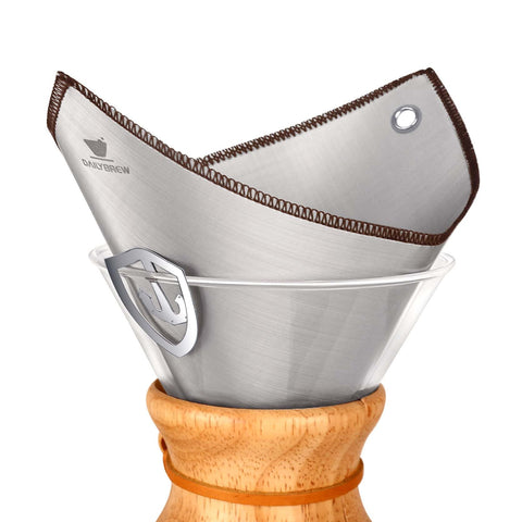 Dailybrew stainless steel filter with hanging ears for a secure carafe fit.