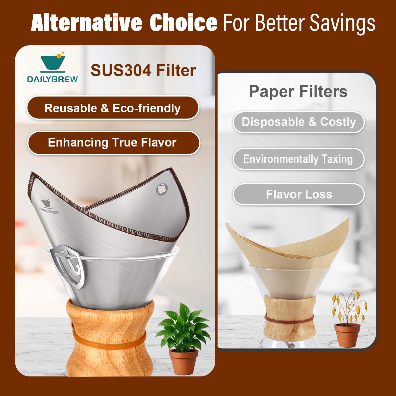 Reusable metal filter reducing paper waste and saving money.