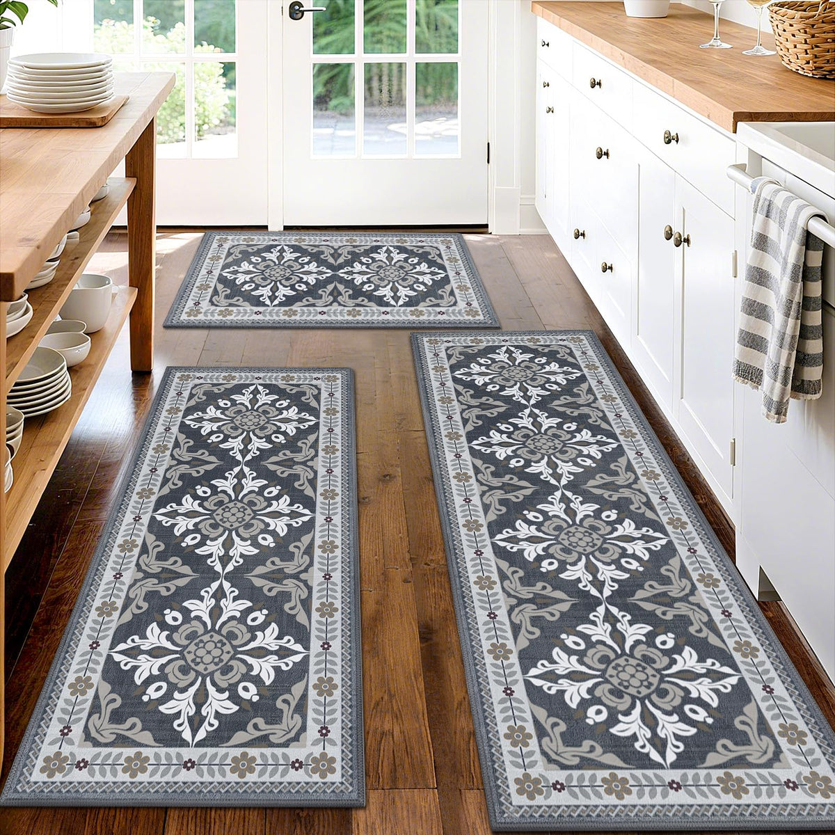 DailyCuddles grey geometric pattern kitchen mat 20x32 for durable floor protection and comfort.