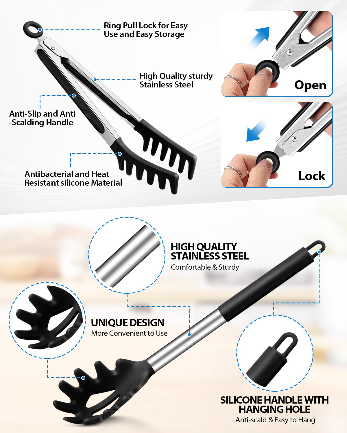 DaiRen Kitchen stainless steel-handle pasta tong for sturdy serving.