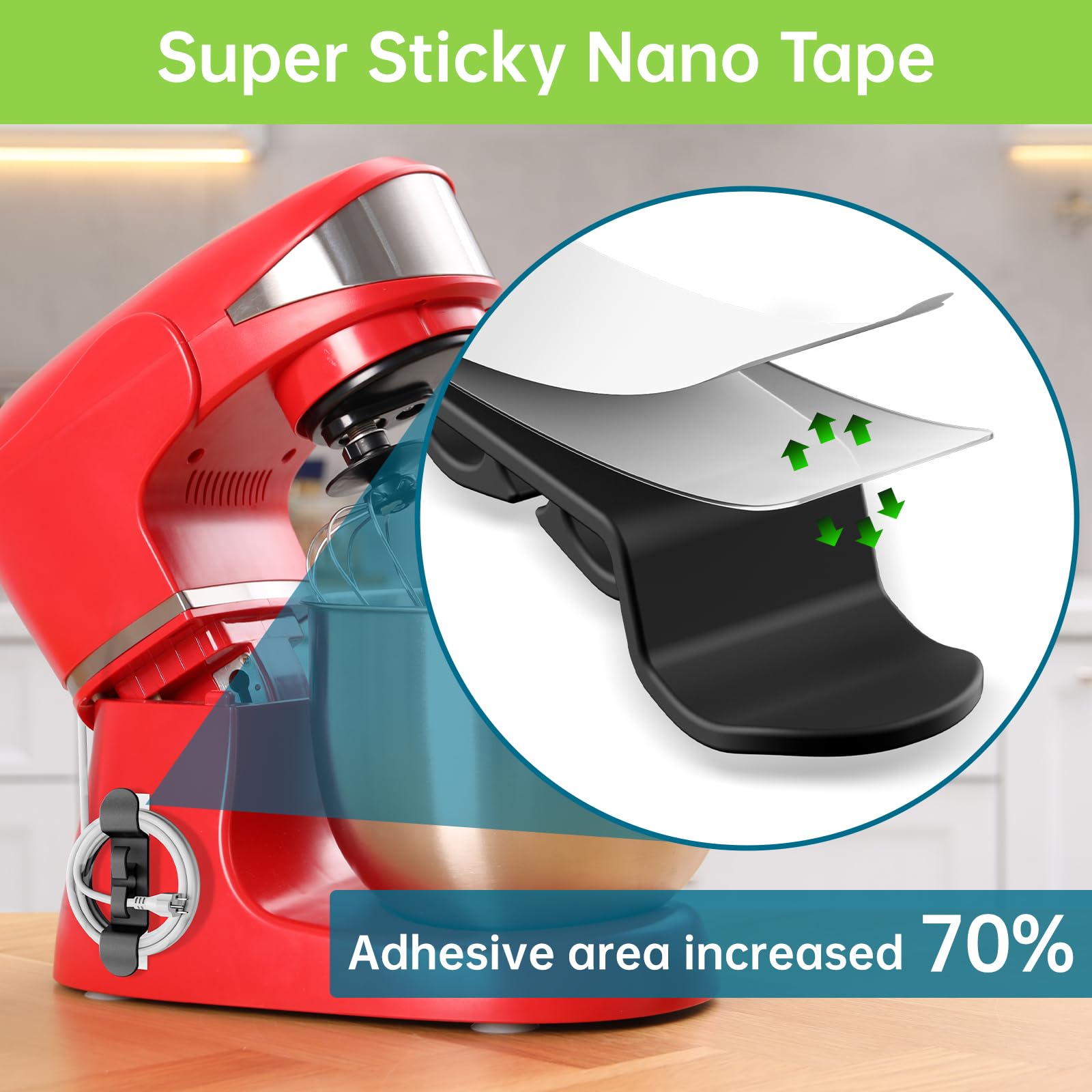 Daisyhome nano tape close-up demonstrates residue-free cord adhesion.