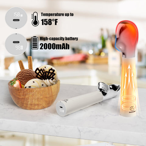 Dalicode heated ice cream scoop LED display indicates battery and temperature for precise timing.