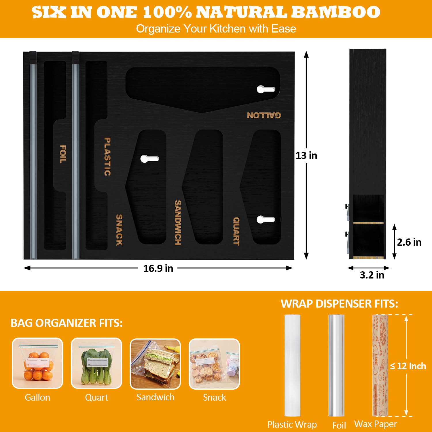 DALSHABET 6-in-1 organizer shows compartments for gallon, quart, sandwich, and snack bags.