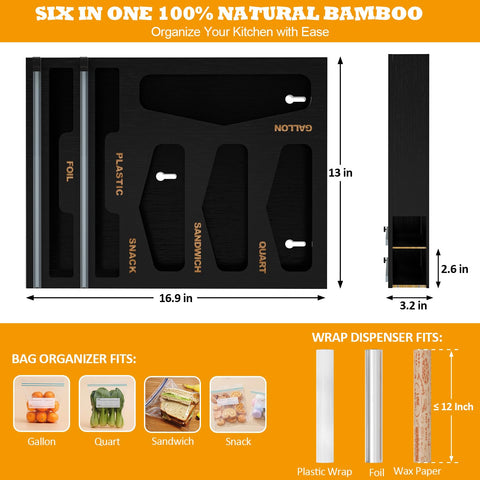 DALSHABET 6-in-1 organizer shows compartments for gallon, quart, sandwich, and snack bags.