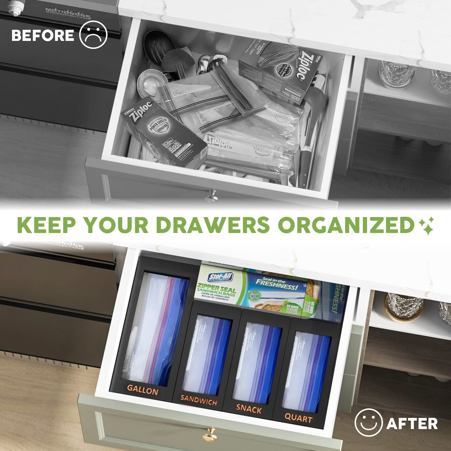 DALSHABET four-compartment design keeps gallon to quart bags neatly separated.