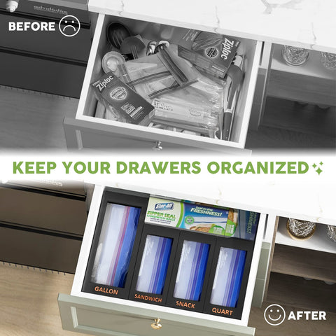 DALSHABET four-compartment design keeps gallon to quart bags neatly separated.