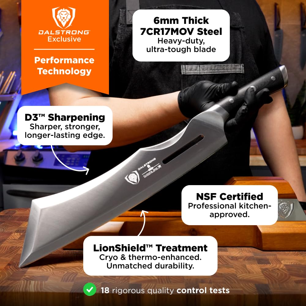 Dalstrong Annihilator acacia wood stand display for elegant storage.