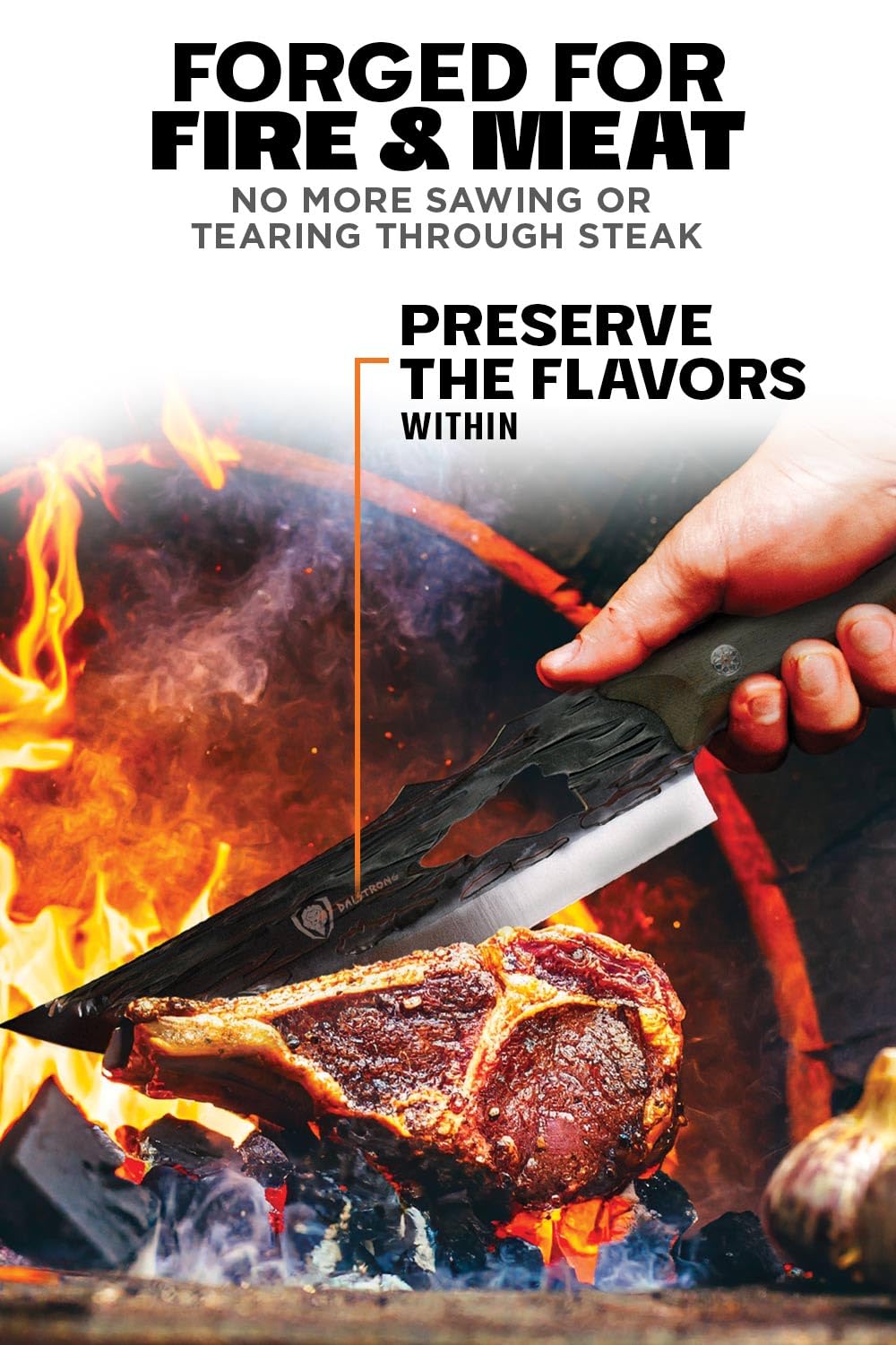 Dalstrong Barbarian blade Battle Scar pattern reduces friction in use