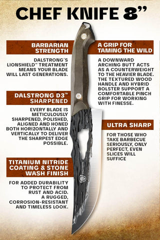 Dalstrong Barbarian stabilized wood handle for comfortable, durable kitchen grip