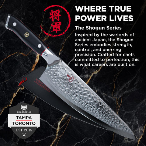 Dalstrong Damascus rose finish adds beauty and reduces drag.