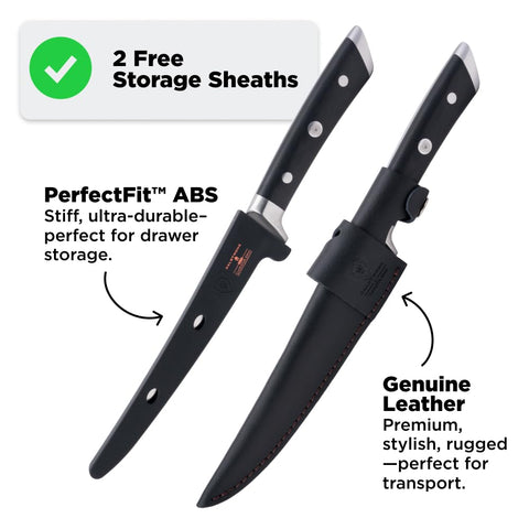 Includes two sheaths for safe storage and transport with the fillet knife.