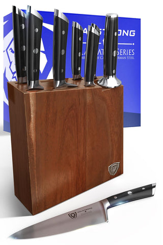 Dalstrong Gladiator 8-piece block set with German high-carbon steel for lasting sharpness.