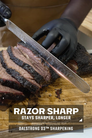 Dalstrong Gladiator Elite slicing handle provides a secure grip for heavy-duty carving