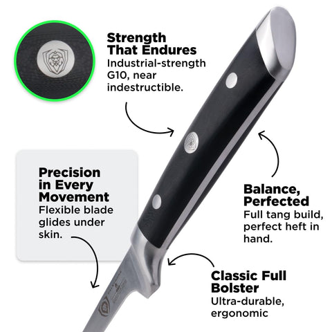 Dalstrong Gladiator Elite knife shows black G10 handle for durability and grip.