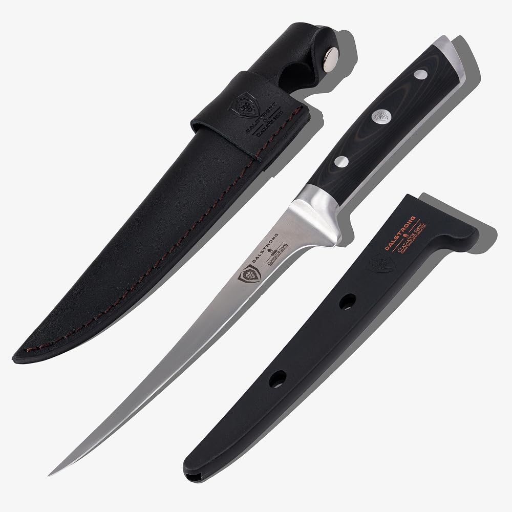 Dalstrong Gladiator Elite 7-inch fillet knife blade close-up showcases flexible edge for precise filleting.