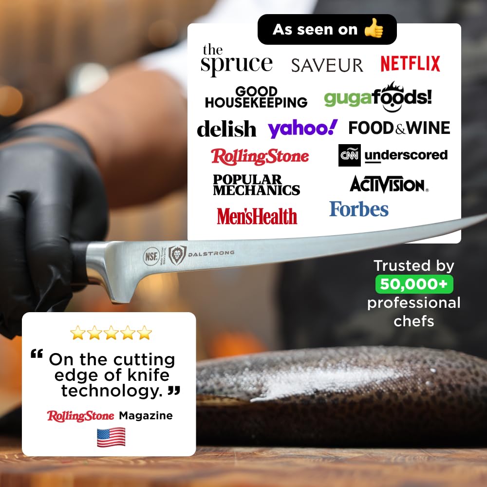 Dalstrong Gladiator Elite fillet knife with full tang handle for balanced control.