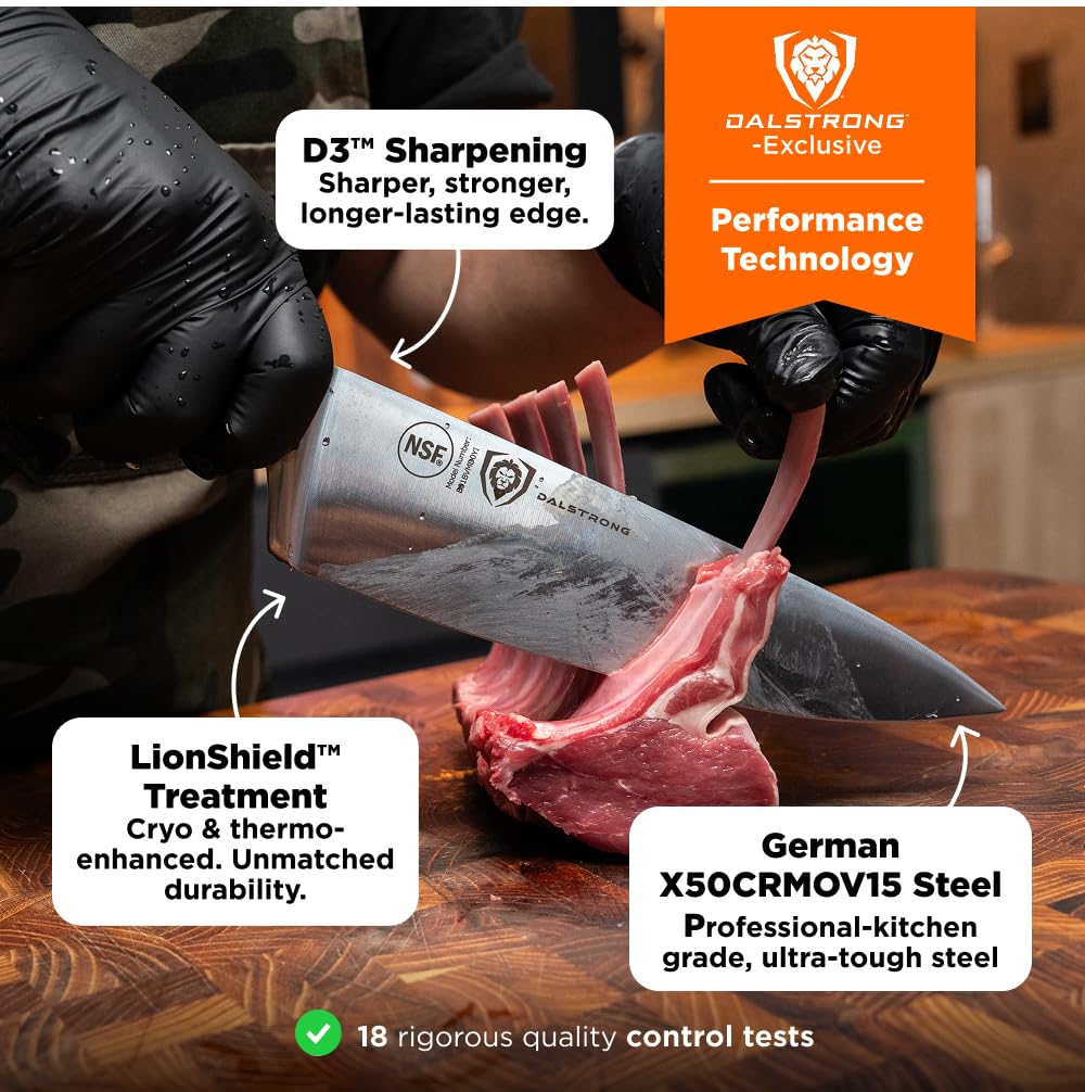 Dalstrong Gladiator Elite 8in knife with black G10 handle provides a comfortable grip.