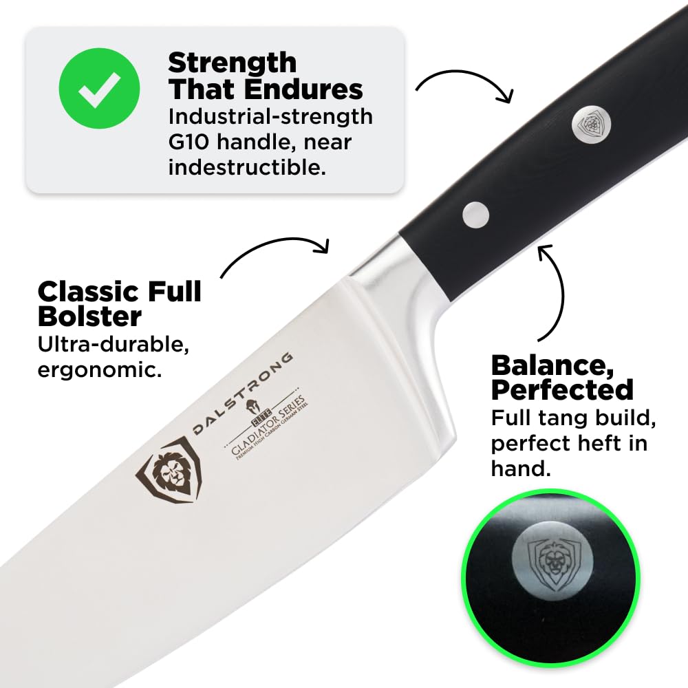 Dalstrong Gladiator Elite 8in knife in sheath offers safe storage.