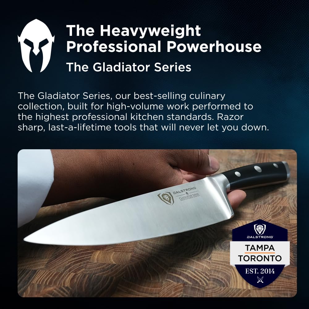 Dalstrong Gladiator Elite 8in knife on cutting board enables efficient prep.