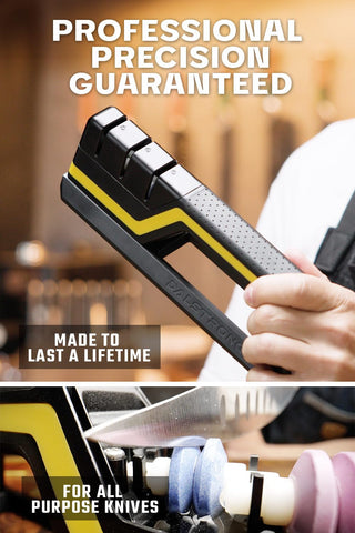 Dalstrong Hornet sharpener water reservoir keeps work clean and cool during sharpening.