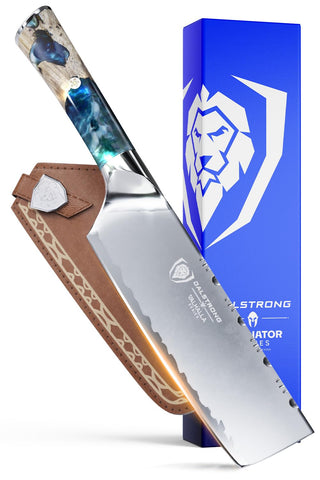 Dalstrong Nakiri 7-inch blade with ultra-sharp edge for precise vegetable slicing.