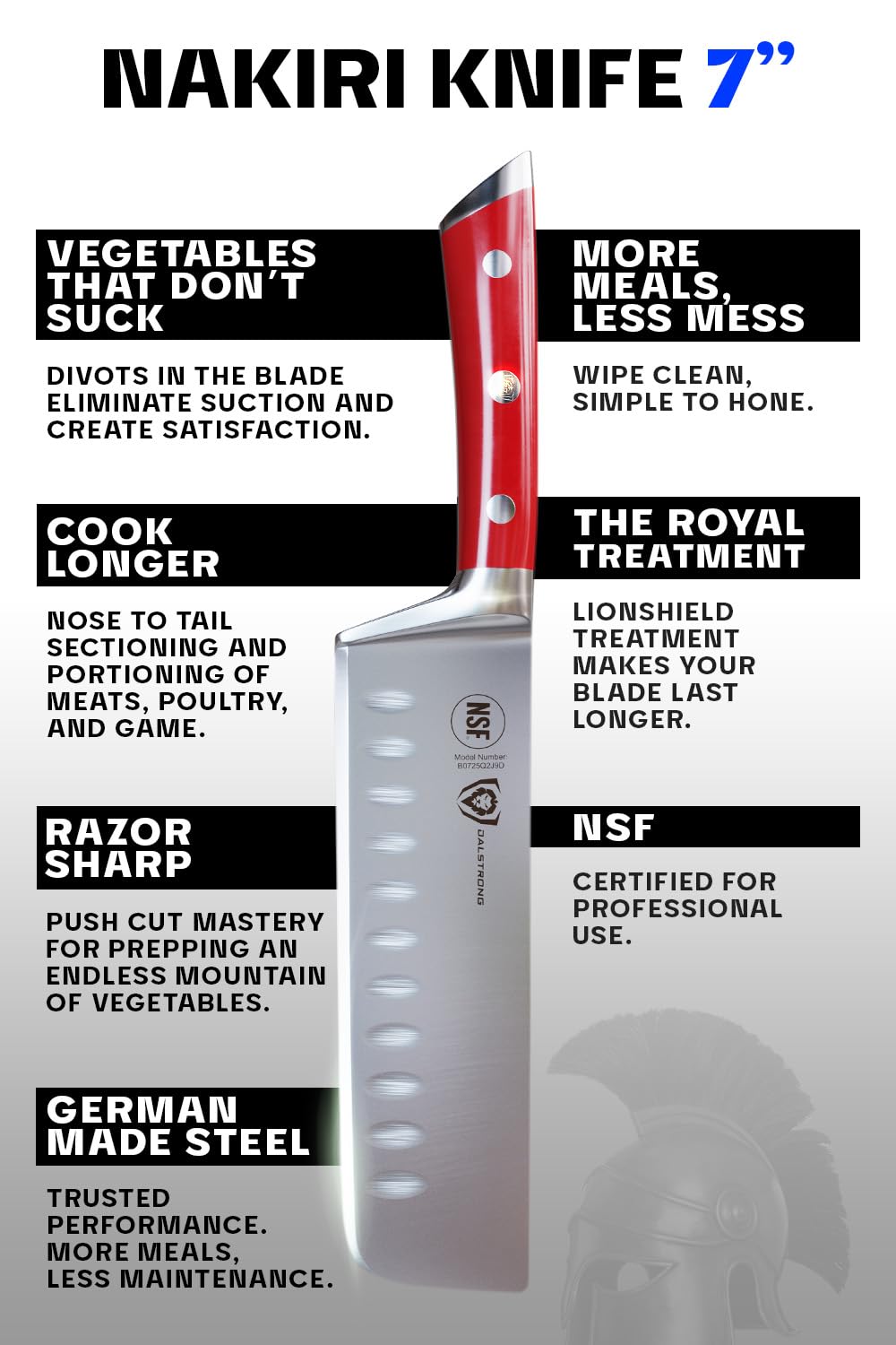 Dalstrong Nakiri satin finish blade for smooth slicing