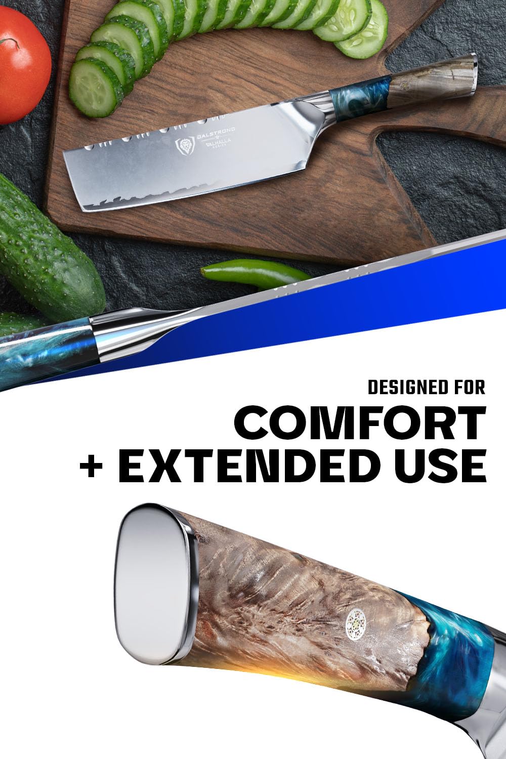 Knife resting on cutting board ready for vegetables and herbs.