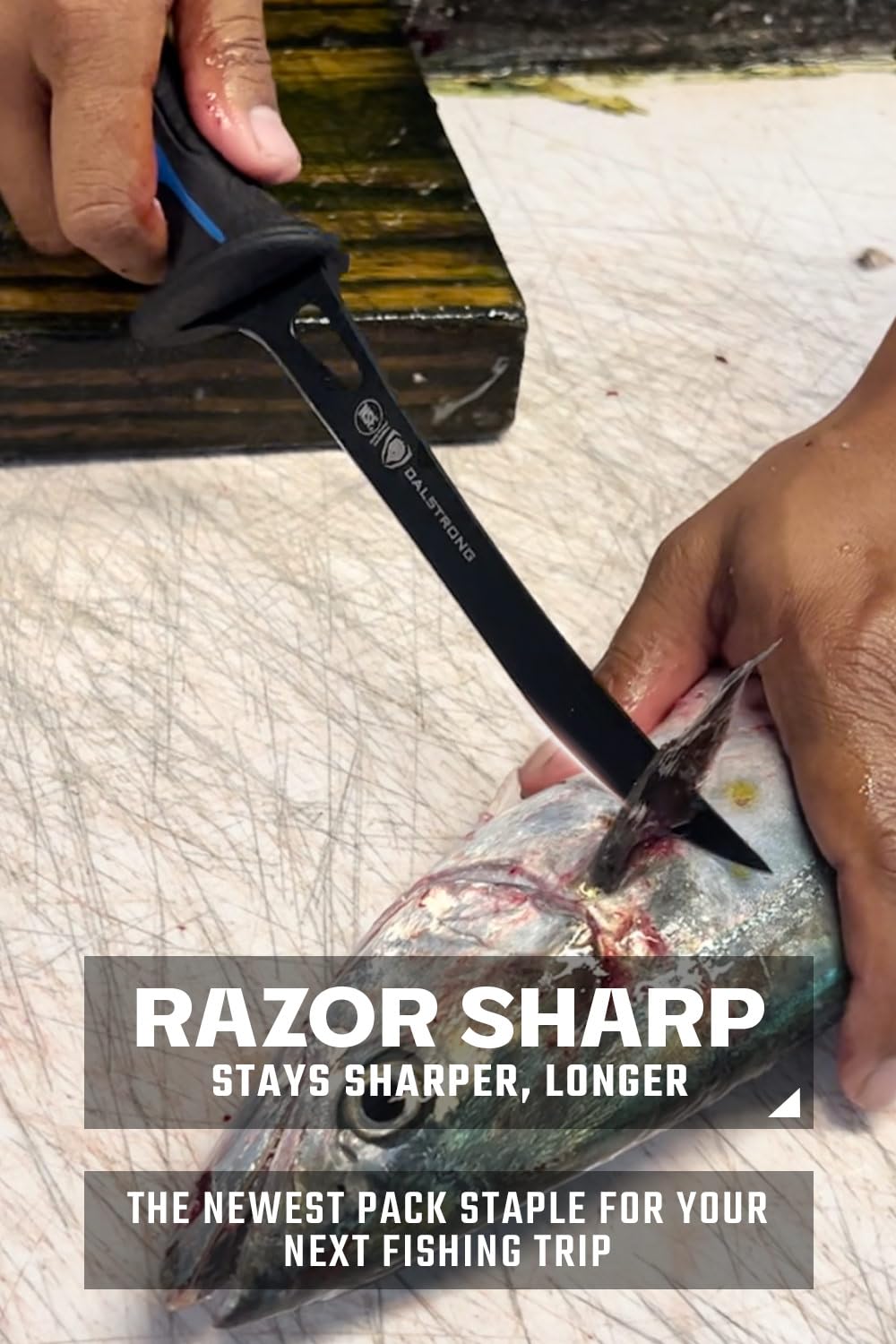 Dalstrong Night Shark 7in fillet knife handle provides secure grip in wet conditions.