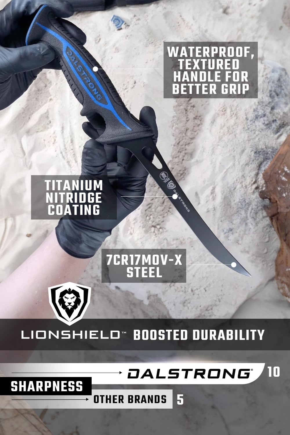 Dalstrong Night Shark 7in fillet knife in use for filleting fish.